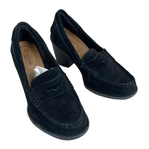 Clarks Unstructured Carleta Belle Black Suede Heeled Penny Loafers Size 7.5W